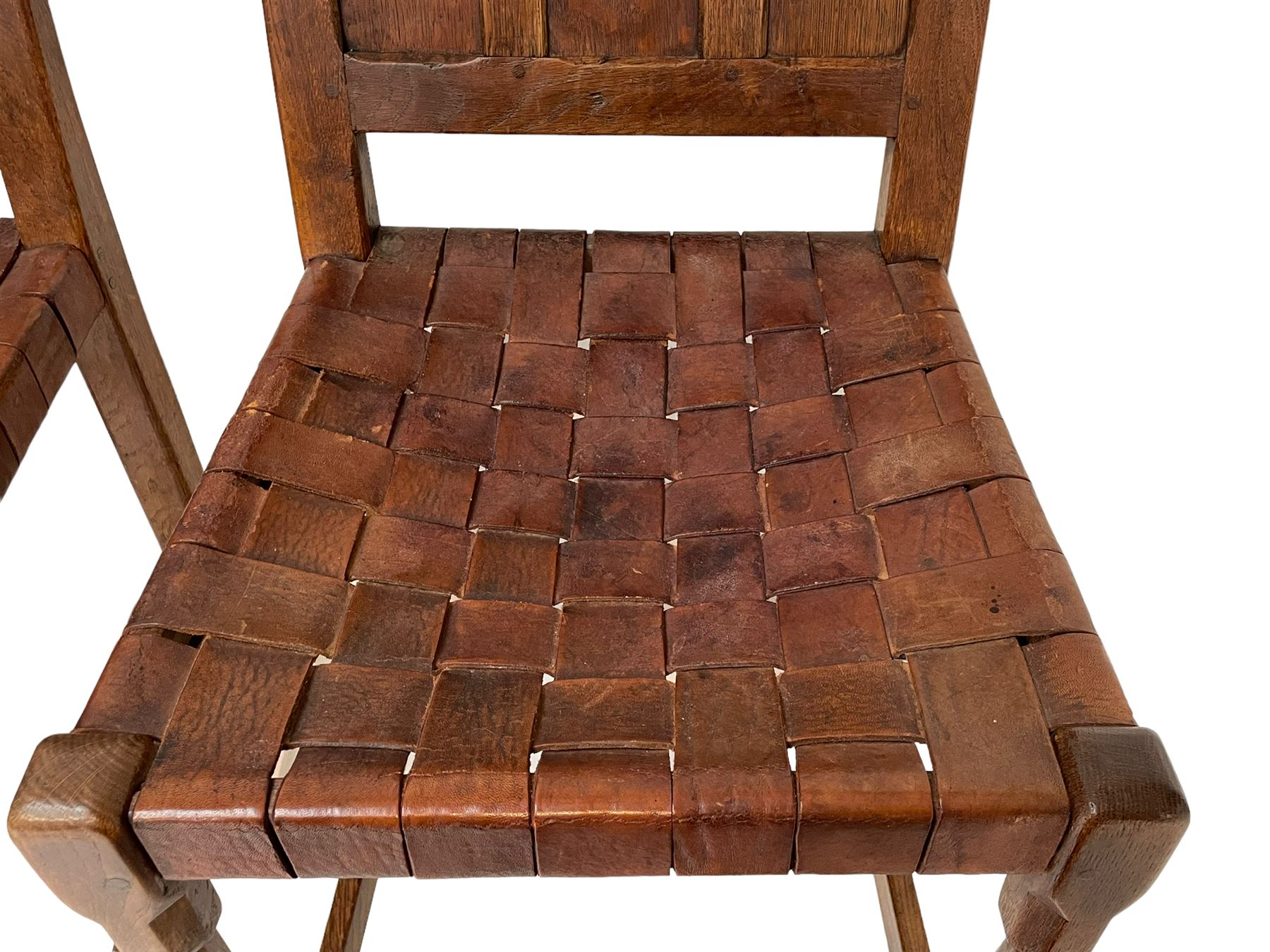 Sid Pollard - set four oak triple panel back dining chair with leather lattice seats - Image 9 of 14