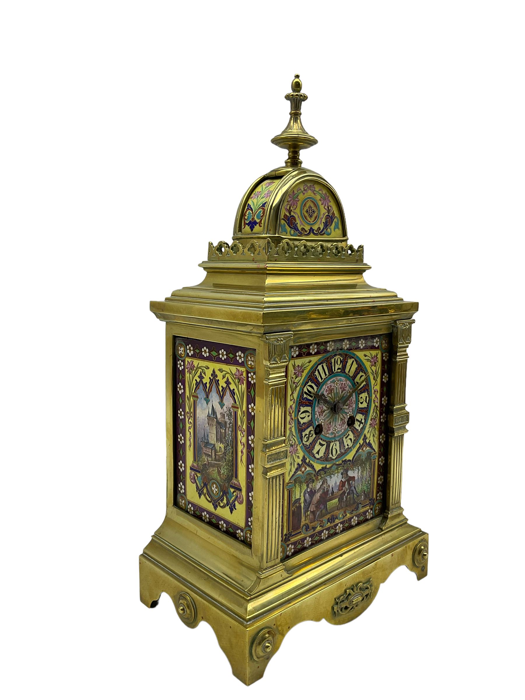 Late 19th century continental brass cased striking mantle clock with a pair of matching brass framed - Image 4 of 9