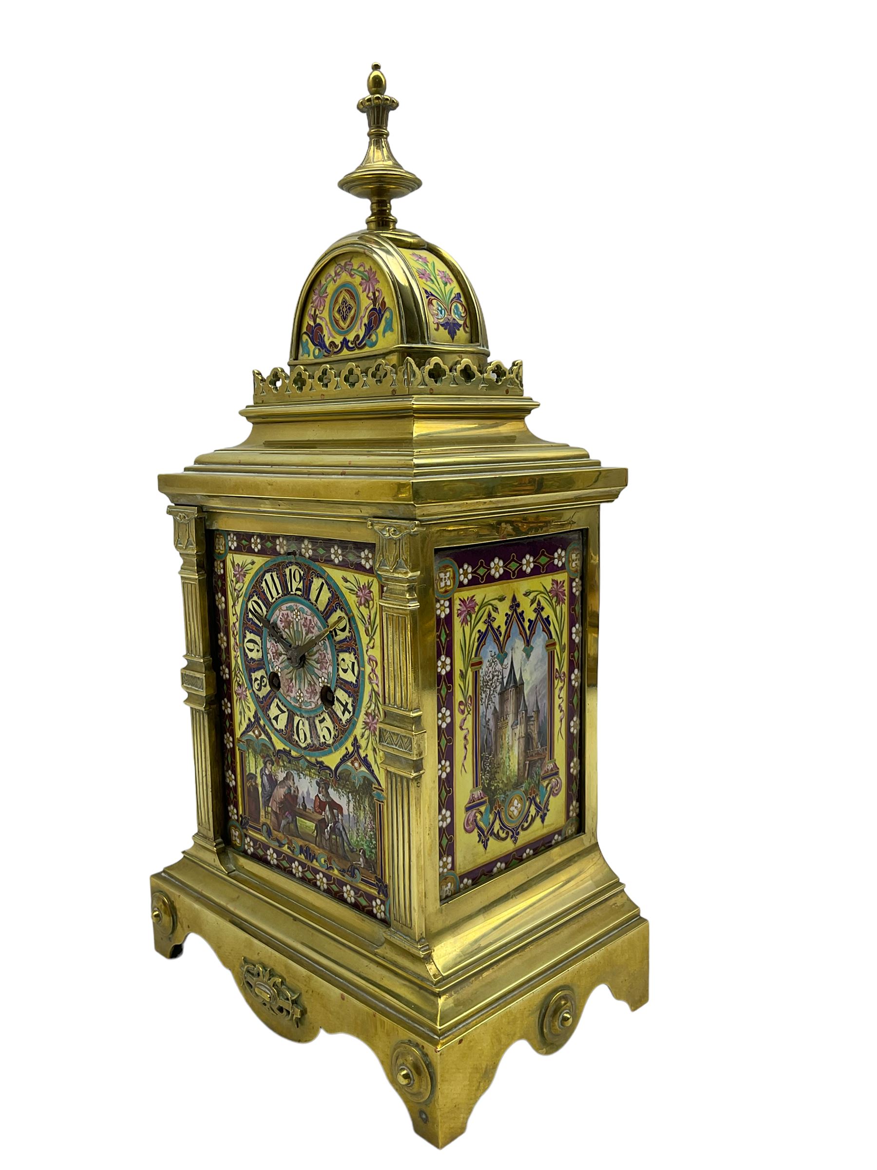 Late 19th century continental brass cased striking mantle clock with a pair of matching brass framed - Image 7 of 9