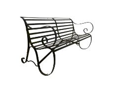 Early-to-mid 20th century strapwork black painted iron garden bench