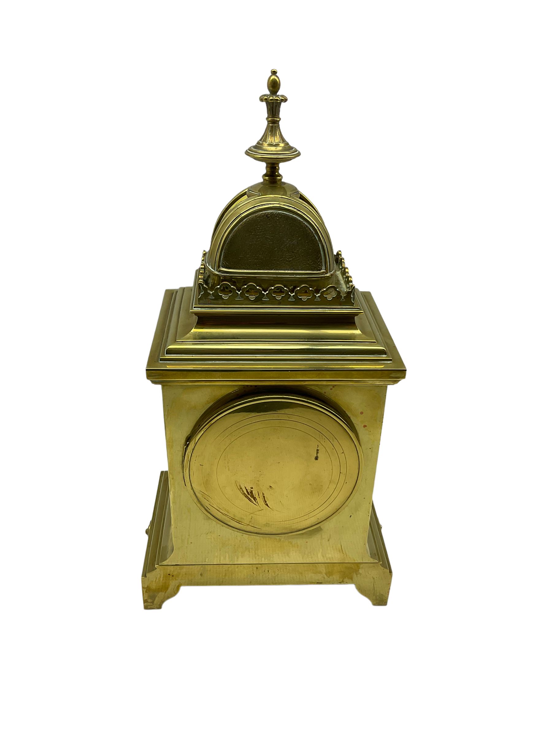 Late 19th century continental brass cased striking mantle clock with a pair of matching brass framed - Image 5 of 9