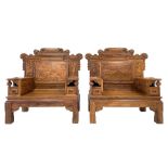 Pair Chinese Imperial style hardwood throne chairs