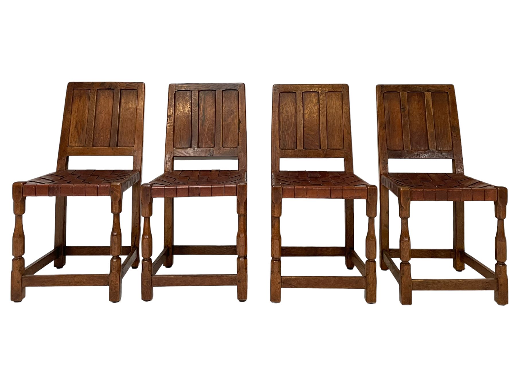 Sid Pollard - set four oak triple panel back dining chair with leather lattice seats - Image 4 of 14