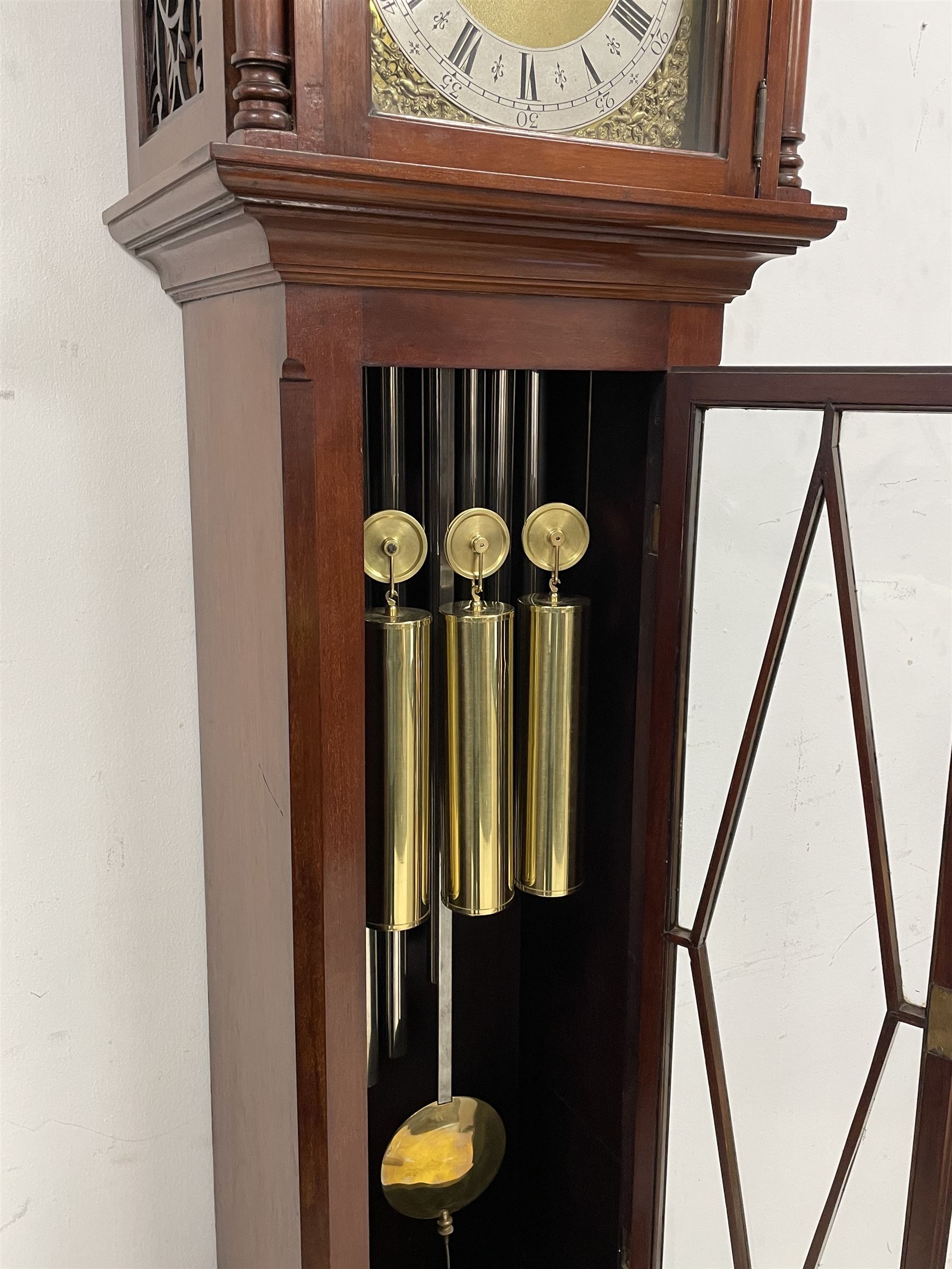 Mahogany cased 20th century longcase clock with a three-train weight driven rack striking German mov - Image 12 of 13