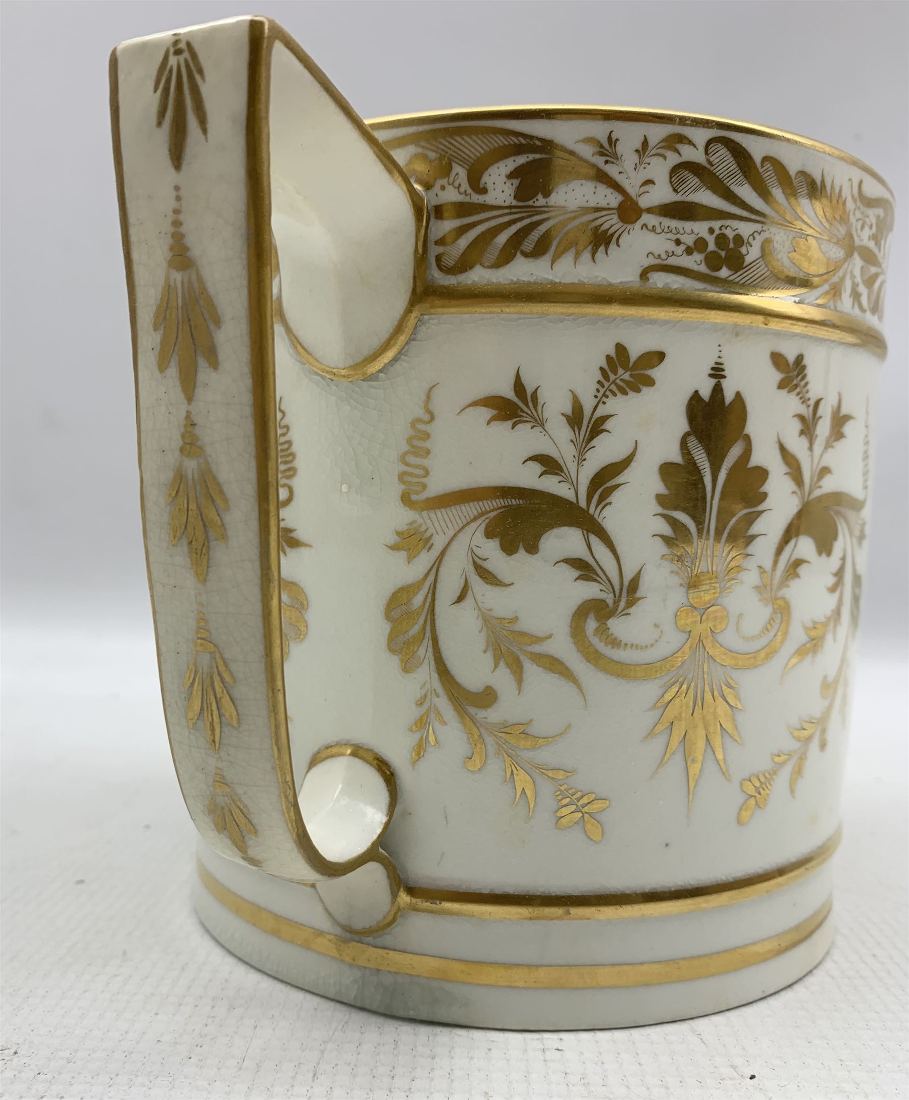 Early 19th century Derby porter mug painted with a panel of fruit with gilded scrolls and foliage an - Image 6 of 6