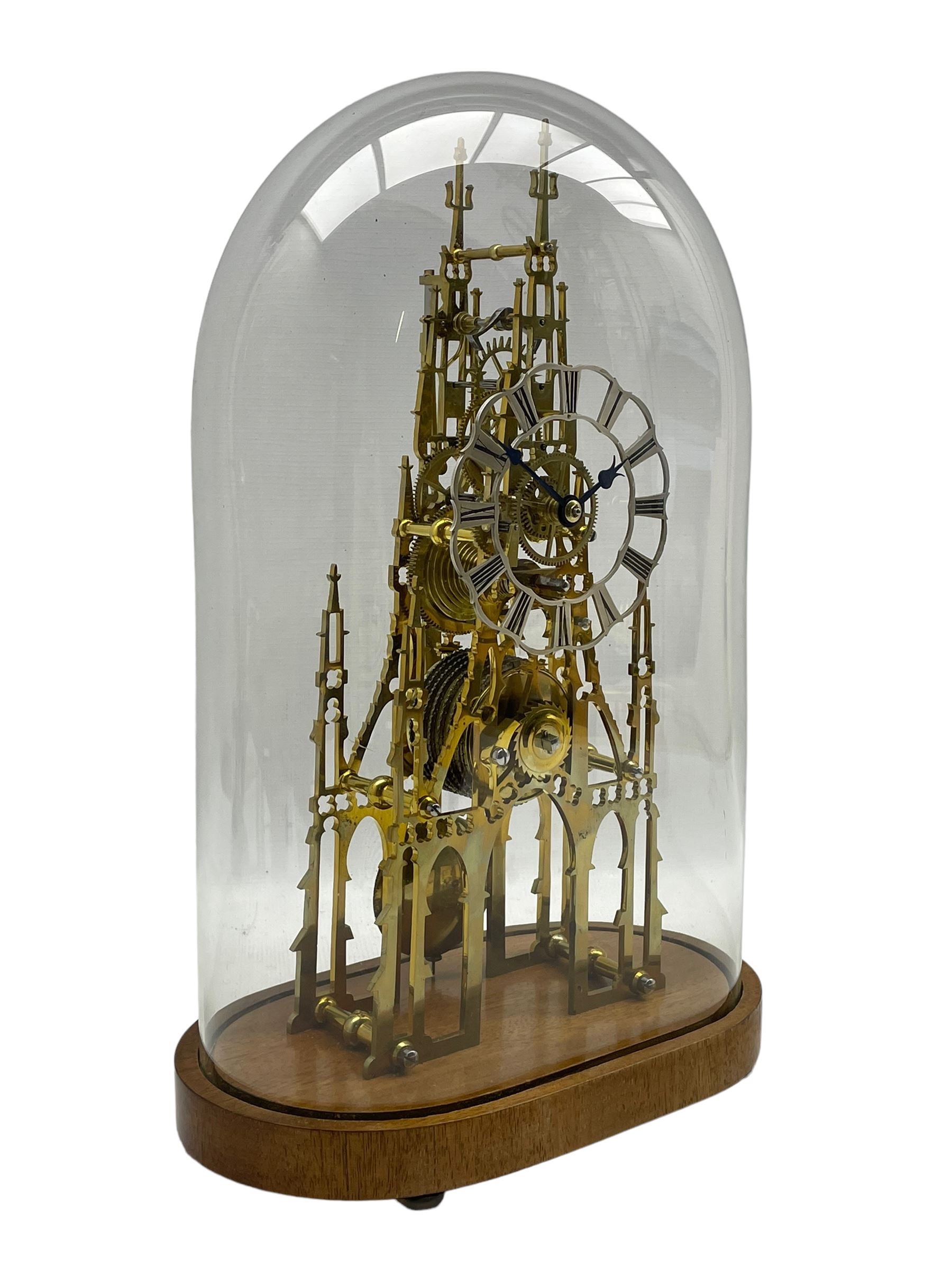 A 20th century seven pillar single train fusee skeleton clock with fretted triple spire movement pla - Image 3 of 3