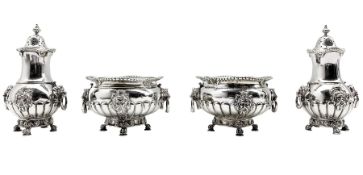 Early 20th century silver double condiment set of circular design with gadrooned borders