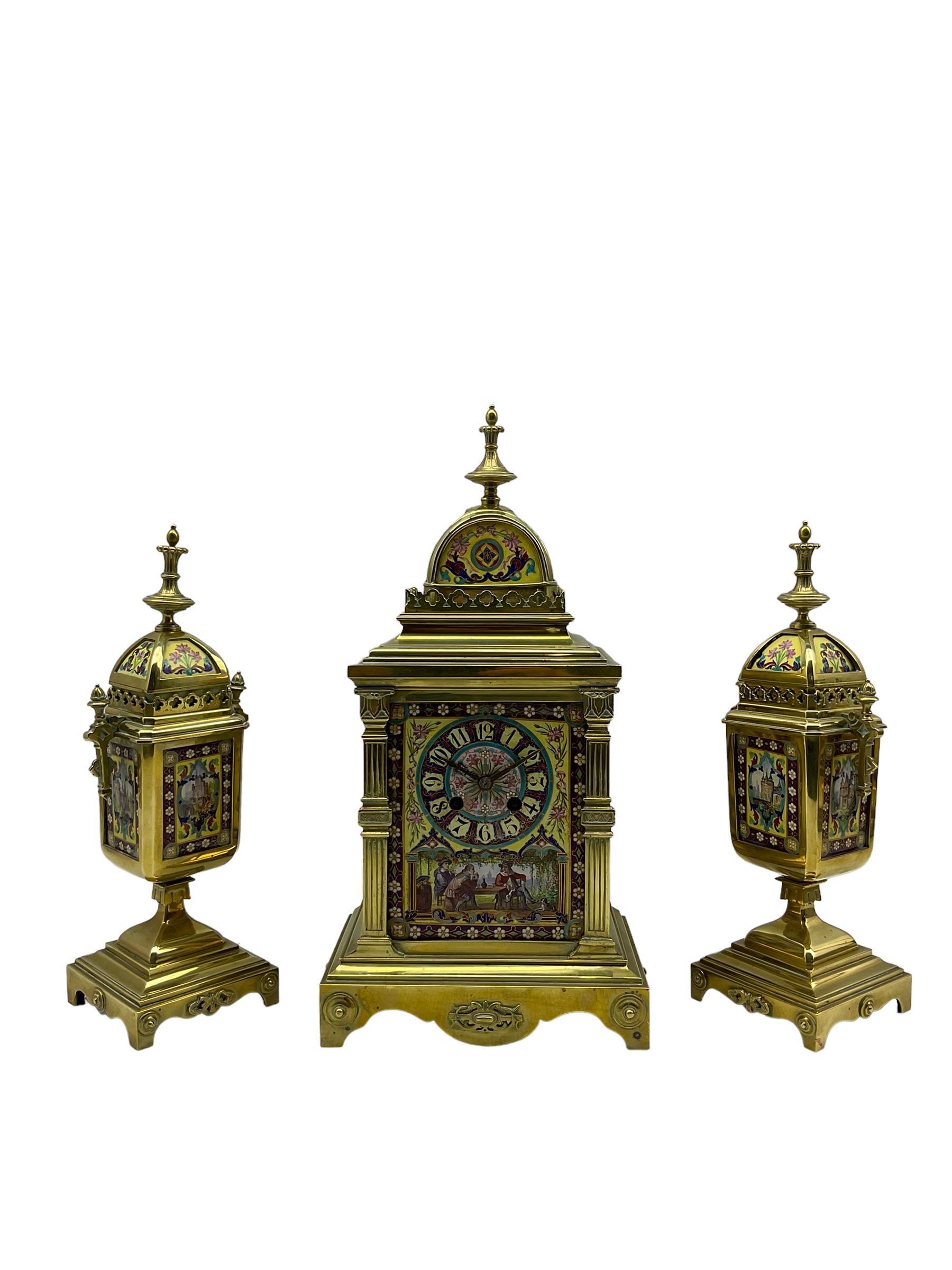 Late 19th century continental brass cased striking mantle clock with a pair of matching brass framed - Image 2 of 9