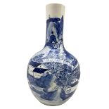 Chinese Qing dynasty blue and white bottle vase painted with a continuous landscape scene depicting