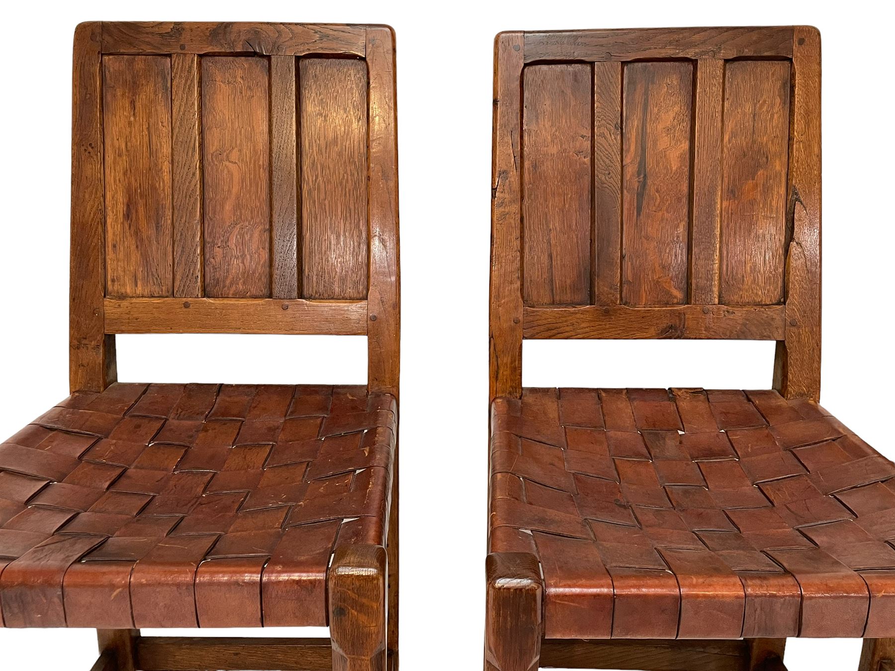 Sid Pollard - set four oak triple panel back dining chair with leather lattice seats - Image 8 of 14