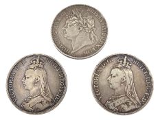 George IIII 1821 crown and two Queen Victoria crown coins dated 1888