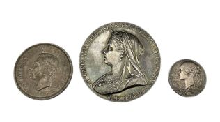Queen Victoria large and small Diamond Jubilee medallions both in silver and King George VI 1937 cro