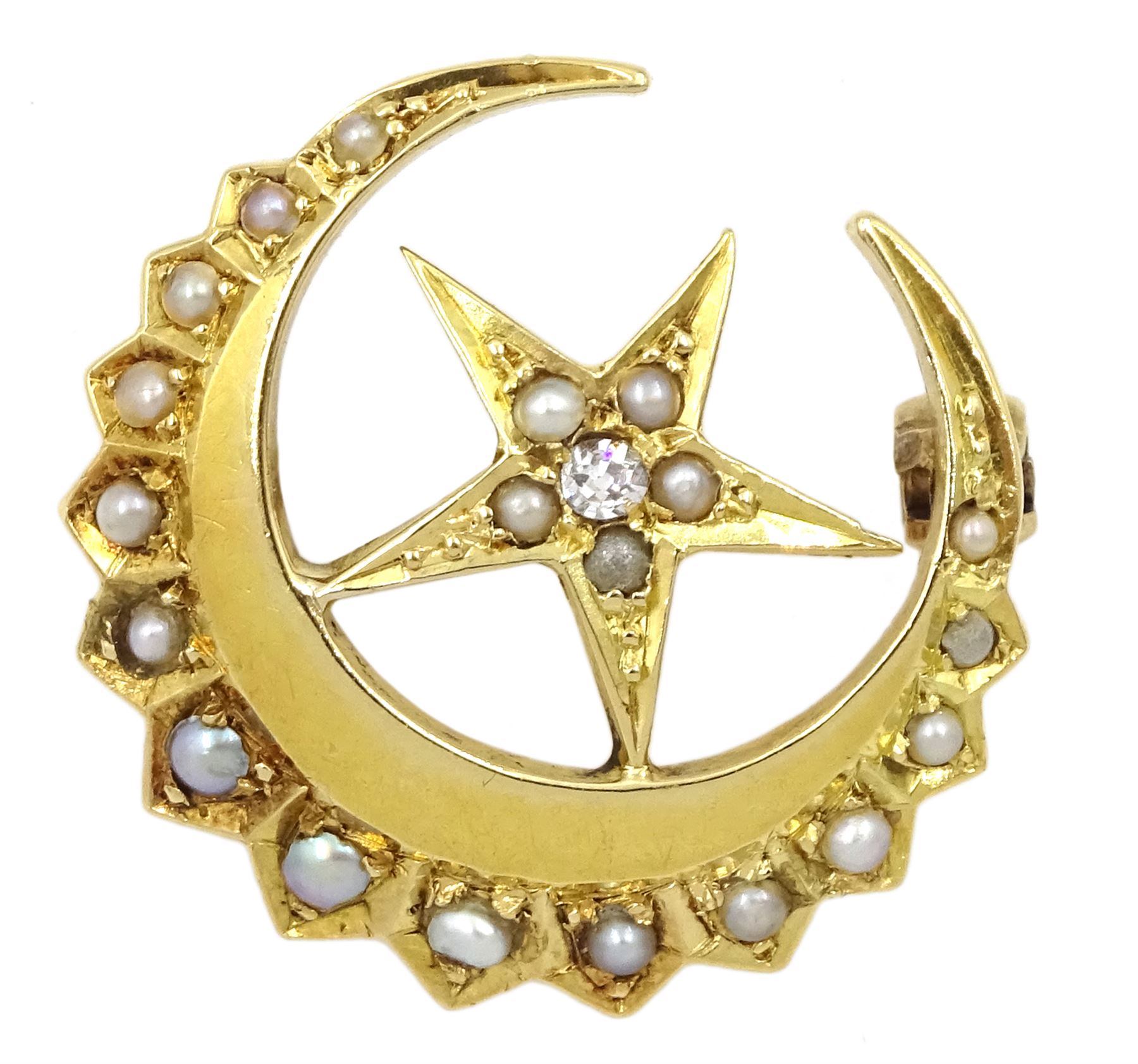 Victorian 18ct gold seed pearl and old cut diamond crescent and star brooch