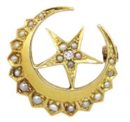 Victorian 18ct gold seed pearl and old cut diamond crescent and star brooch