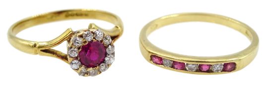 Gold channel set seven stone diamond and ruby ring and a gold pink stone and diamond cluster ring