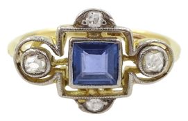 Art Deco 18ct gold princess cut sapphire and milgrain set diamond cluster ring
