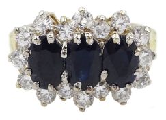 9ct gold three stone oval sapphire and cubic zirconia cluster ring