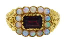 Silver-gilt garnet and opal cluster ring