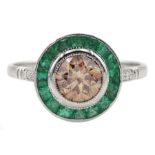 18ct white gold calibre cut emerald and fancy champagne colour diamond target ring