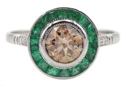 18ct white gold calibre cut emerald and fancy champagne colour diamond target ring
