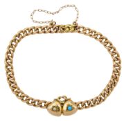 Early 20th century rose gold turquoise and pearl double heart bracelet