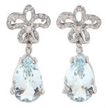 Pair of 18ct white gold pear shaped aquamarine and diamond set bow pendant stud earrings