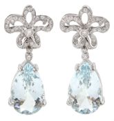 Pair of 18ct white gold pear shaped aquamarine and diamond set bow pendant stud earrings