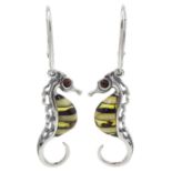 Pair of silver and Baltic amber seahorse pendant earrings