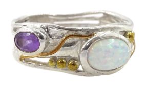 Silver and 14ct gold wire opal and amethyst ring