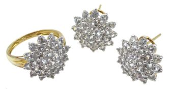 Gold light blue stone set cluster ring and pair of matching stud earrings