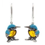 Pair of silver amber and turquoise kingfisher pendant earrings