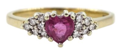 9ct gold heart shaped ruby and round brilliant cut diamond cluster ring