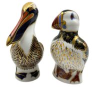 Two Royal Crown Derby paperweights comprising 'Brown Pelican' dated 1998 and Puffin