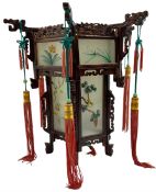 Chinese carved wood dragon palace lantern with rectangular frosted glass panels of bird and flower d