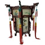 Chinese carved wood dragon palace lantern with rectangular frosted glass panels of bird and flower d