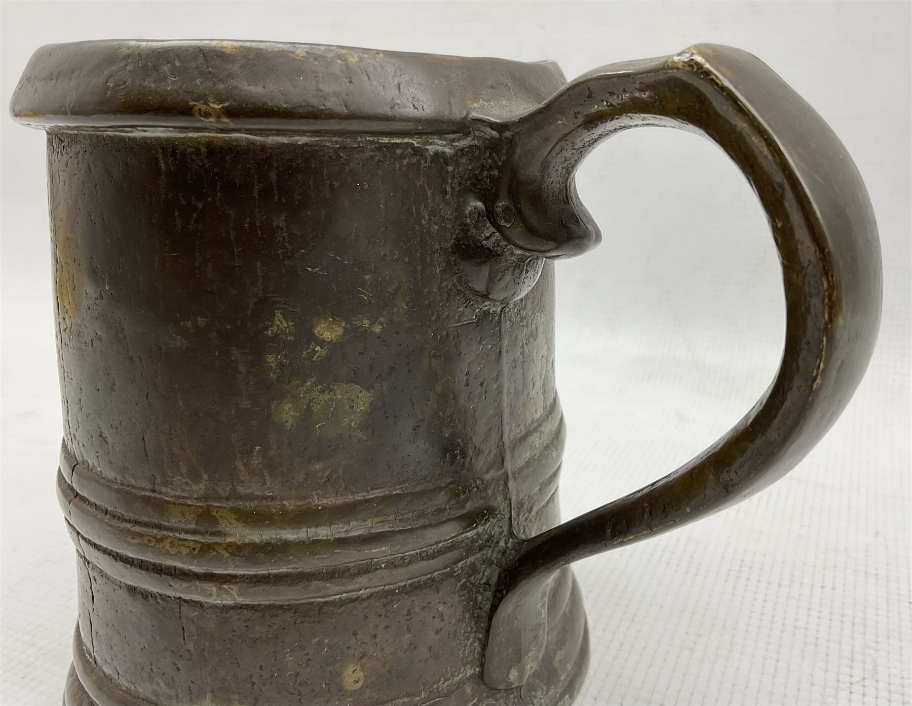 18th century bell metal mug with ribbed body and loop handle H14cm - Image 2 of 3