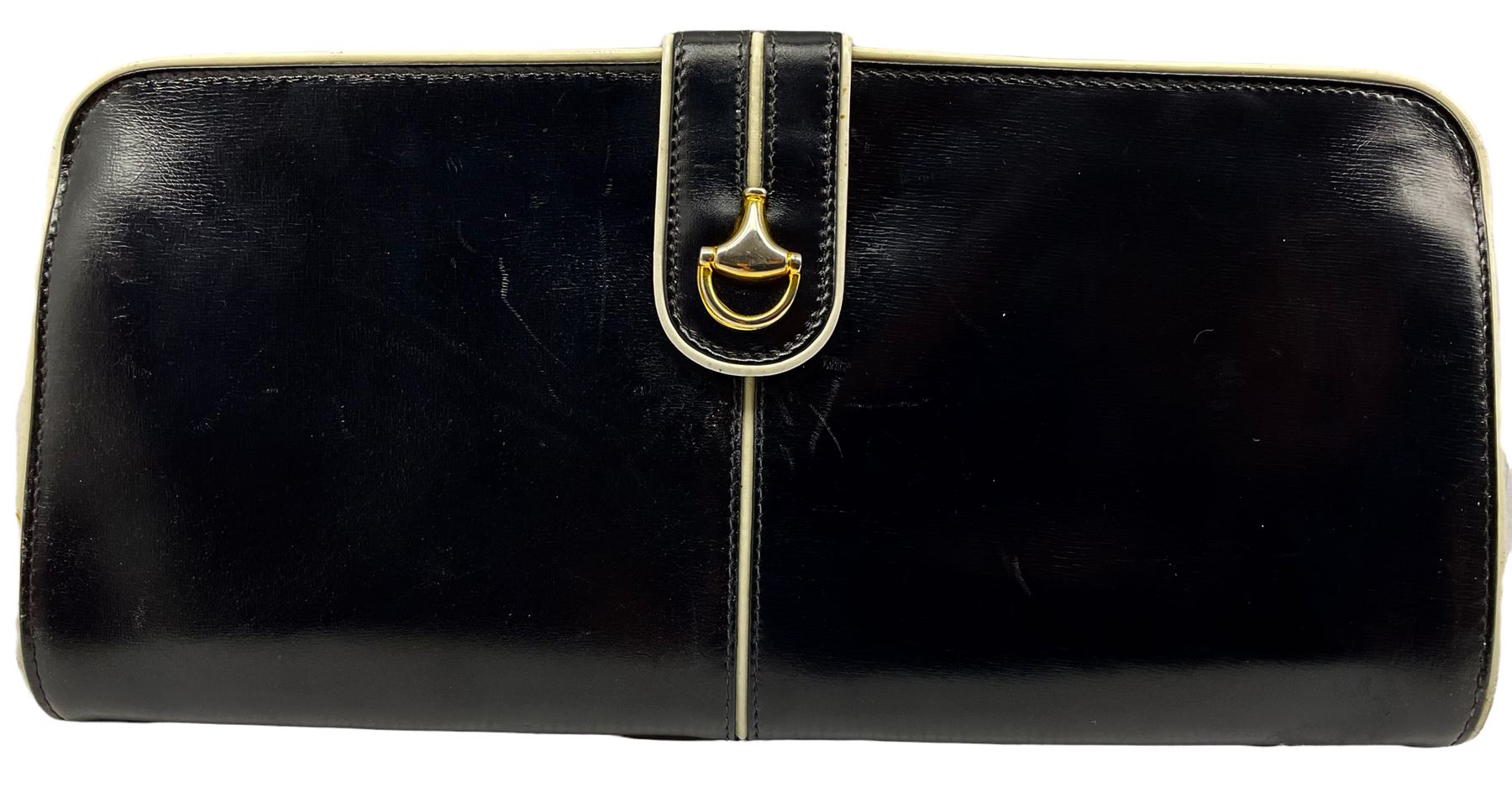 Gucci black leather clutch bag with white piping and shoulder strap 30cm x 14cm