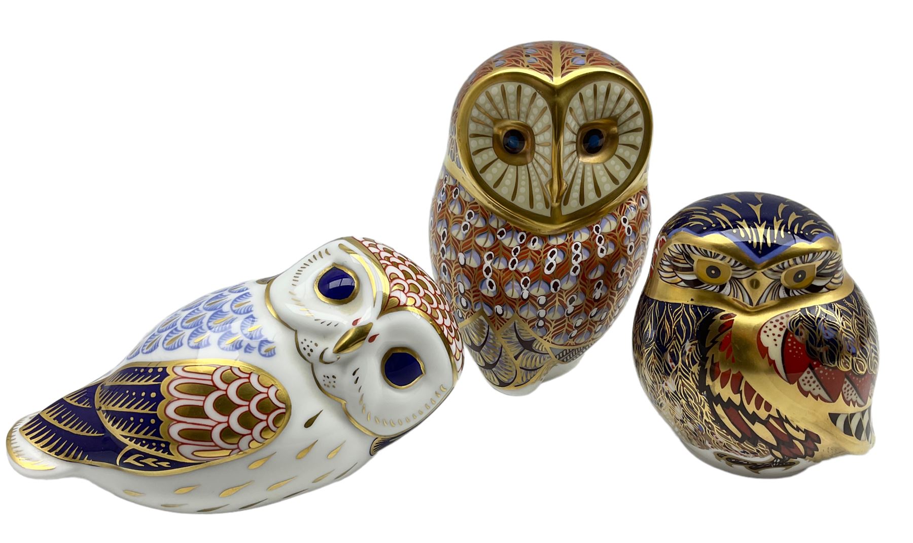 Three Royal Crown Derby paperweights comprising 'Little Owl' dated 1998