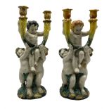 Pair Italian Majolica twin branch candelabras H43cm (2)