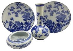 Pair of late 19th century Japanese blue and white chargers decorated with trees and birds D34cm