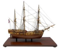 Wooden model of a three masted ship in perspex case 62cm x 70cm x 26cm overall