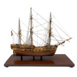 Wooden model of a three masted ship in perspex case 62cm x 70cm x 26cm overall