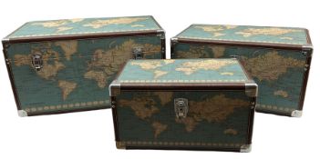 Set three vintage style trunks with world map design in graduating sizes max 67cm x 36cm x 40cm (3)