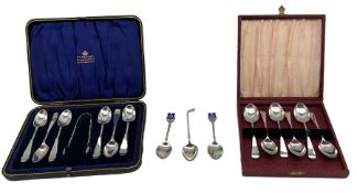Set of six silver teaspoons and tongs with wrythen stems