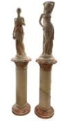 Near pair marbled statues of a Dancing Girl and Classical Maiden on pedestal columns with lights H15