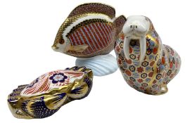 Three Royal Crown Derby paperweights comprising 'Tropical Fish Gourami' dated 1990