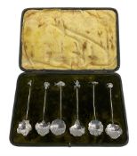Set of six Japanese silver tea spoons with various leaf shape bowls