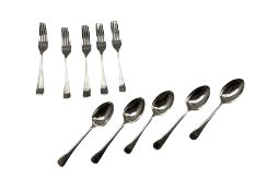 Five silver dessert spoons engraved with a monogram and five dessert forks Sheffield various dates c