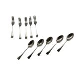 Five silver dessert spoons engraved with a monogram and five dessert forks Sheffield various dates c