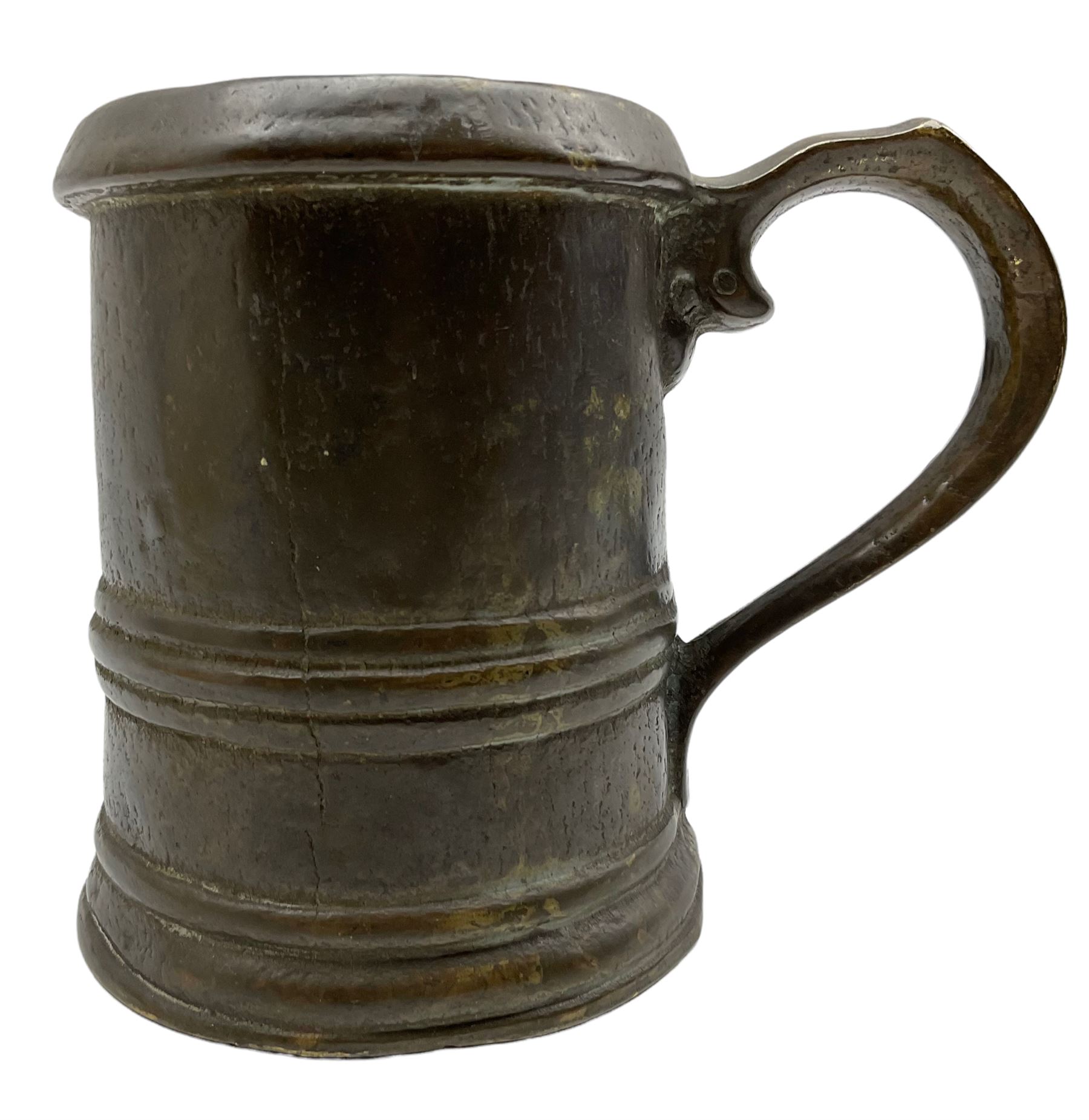 18th century bell metal mug with ribbed body and loop handle H14cm